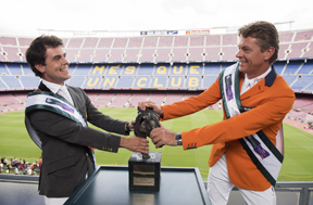 This could get messy! Sydney 2000 Olympic show jumping gold medallist and current World and European champion Jeroen Dubbeldam of the Netherlands, and Spain's best known and most successful show jumping rider, Sergio Alvarez Moya at the iconic Camp Nou stadium iwrestling with the Furusiyya trophy n the countdown to the Furusiyya FEI Nations Cup Jumping Final at the neighbouring Real Club de Polo de Barcelona (24-27 September). FEI/Dan Rowley