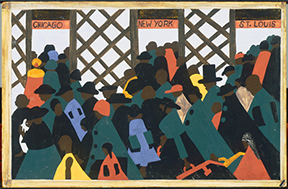 Jacob Lawrence, The Migration Series, Panel no. 1: During World War I there was a great migration north by southern African Americans., 1940–41. Casein tempera on hardboard, 12 x 18 in. The Phillips Collection, Washington, DC, Acquired 1942 © The Jacob and Gwendolyn Lawrence Foundation, Seattle / Artists Rights Society (ARS), New York