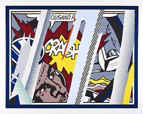 Roy Lichtenstein, Reflections on Crash, 1990 
color lithograph, screenprint, woodcut, metalized PVC film, collage and 
embossing on Somerset mould-made paper, 59 1/8 x 75 in. Ed. 34/68
Printed & published by Tyler Graphics, Ltd.